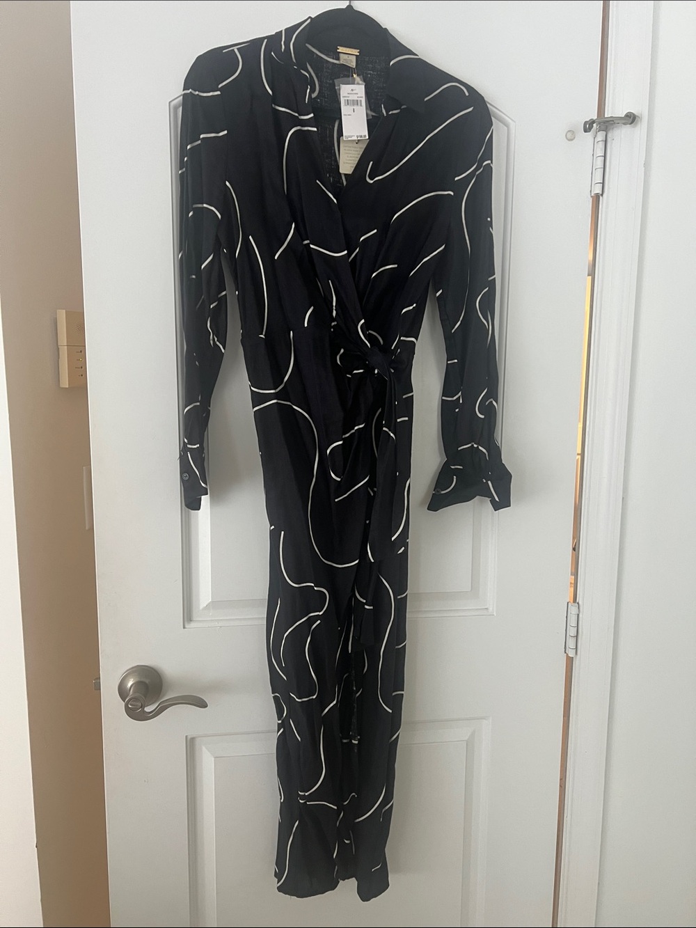 Magaschoni linen Black & White Wrap-Front Long Sleeve Dress